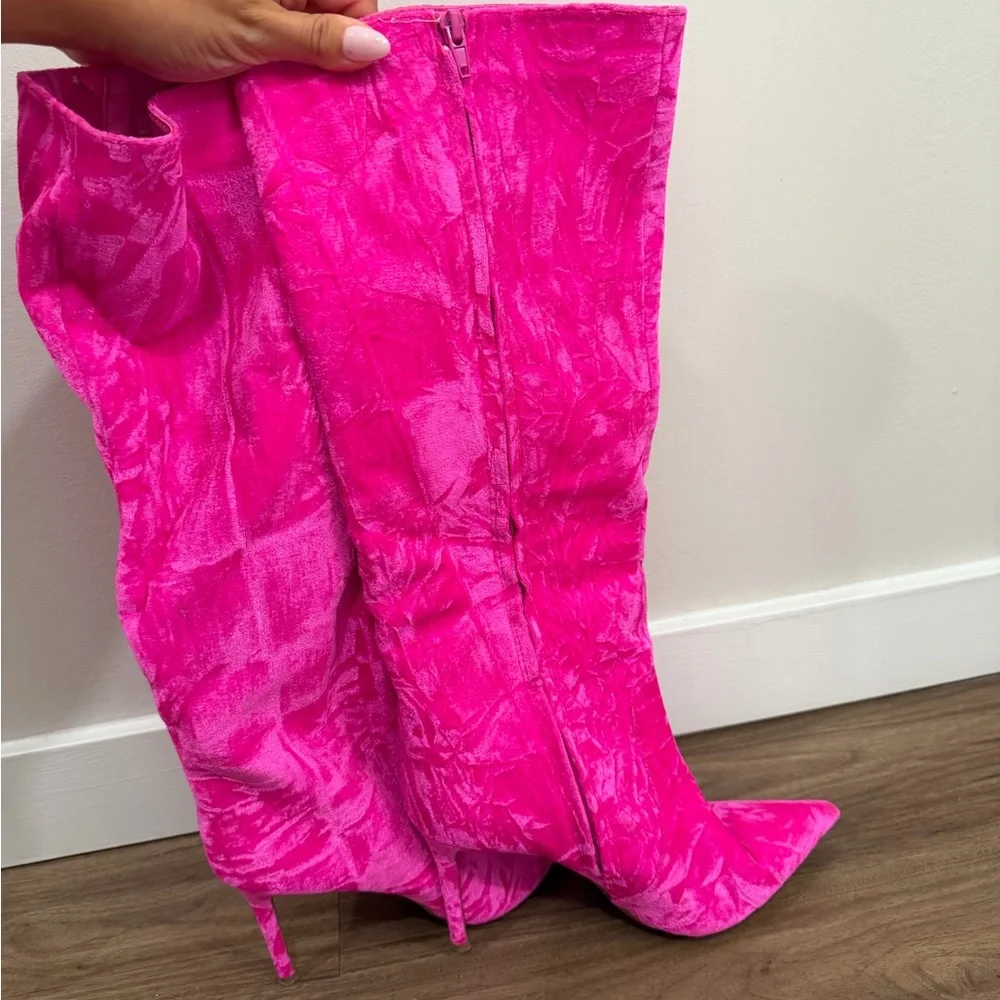 Fuchsia Velvet Mid-Calf Pointed Toe Heeled Boots